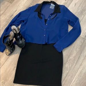 HAVE Women’s Black BodyCon Dress With Blue Long Sleeve Overlay Size S NWOT